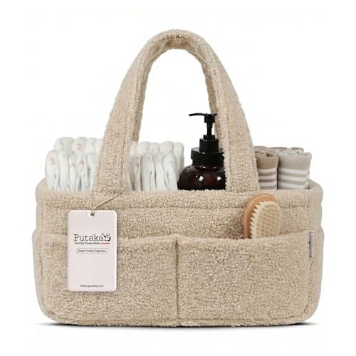 PUTSKA Baby Diaper Caddy Organizer, Nursery Fleece Basket, Cream