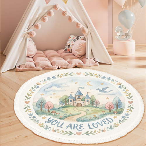 Washable Non Slip 3ft Round Rug, Whimsical Castle Forest Dragon Pastel Watercolor Nursery Rug with Tassels Carpet for Bedroom Living Room Playroom Tent rug Tent Castle
