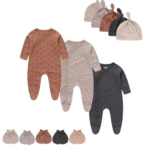 Baby Boy Girls Clothes 2-Way Zip Footed Long Sleeve 100% Cotton,Newborn Caps and Scratch Mittens Set 0-6 Months