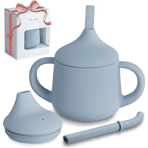 Moonkie Silicone Baby Sippy Cups | 3 Stages Training Cup Straw Cup for Infants Toddlers and Kid | 4 oz 1Pack