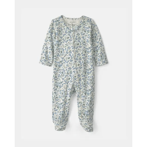 Baby Girl Floral 100% Cotton 2-Way Zip Sleep & Play Pajamas - Blue/Ivory