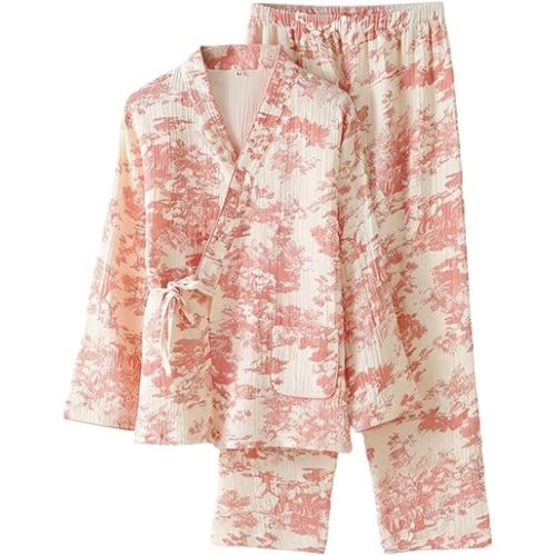 Women Cotton Gauze National Style Pajamas Set, Japanese Kimono Loungewear Long Sleeve Long Pants, Thin Breathable Sleepwear