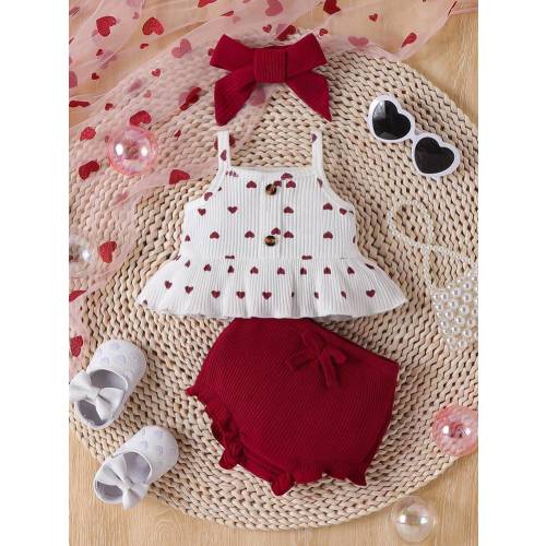 SHEIN Summer Newborn Baby Girl Heart Printed Camisole Top And Shorts Set With Ribbed Design | SHEIN USA