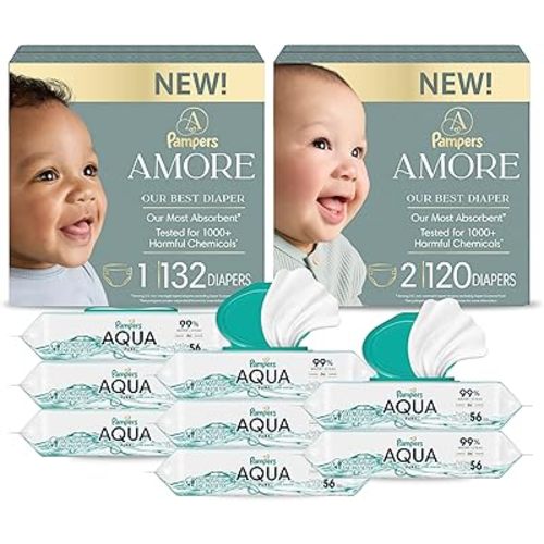 Pampers Amore Premium Baby Diapers Starter Kit, Sizes 1 (132 Count) & 2 (120 Count) with Aqua Pure Baby Wipes, 8X Pop-Top Packs (448 Count)