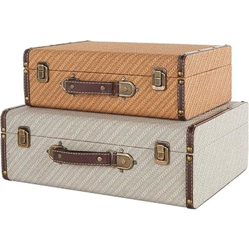 Deco 79 Wooden Decorative Trunk Vintage Studded Woven Storage Decorative Large Boxes with Bronze Latches and Brown Handles, Set of 2 Storage Trunks 16", 14" W, Multi Colored