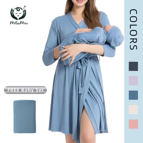 Mother's Day MilaMini Maternity Robe and Baby Receiving Blanket, Matching Mommy Labor Delivery Robe and Swaddle Set Denim blue,Plus Size S-XXL - TikTok Shop