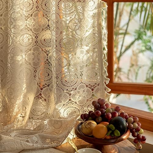 YJ YANJUN Boho Lace Curtains 63 inch Long 2 Panels -Vintage Floral Crochet Sheer Panels with Tassel for Living Room Bedroom Light Filtering Cottagecore Bohemian Farmhouse Drapes Beige W59 x L63
