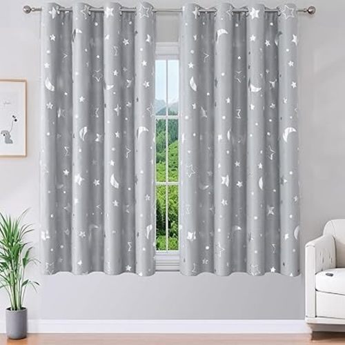WUBODTI 100% Blackout Star Curtains for Kids Room Nursery 2 Panel Sets 63 Inch Length, Grommet Silver Star and Moon Patterned Blackout Curtains Thermal Insulated Drapes for Boys Bedroom, Grey