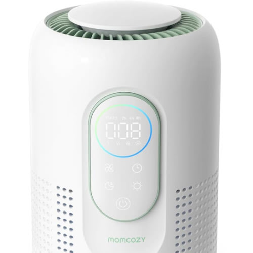 Momcozy Nursery Air Purifier, 4-Filter System with H13 HEPA & Carbon, Real-Time PM2.5 Air Quality Monitor & Display with 3-Color Status, Baby Air Purifier with 21 dB Sleep Mode, Dimmable Night Light