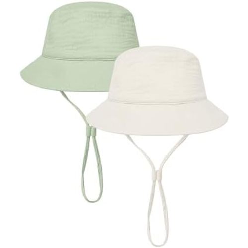Cooraby 2 Pack Muslin Baby Sun Hat Bucket Hats with Wide Brim Adjustable Beach Hat for Boys Girls