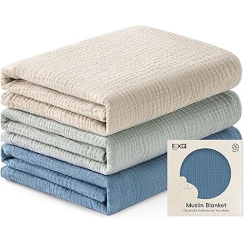 EXQ Home Muslin Swaddle Blankets for Baby, 3 Pack Cotton Breathable Soft Receiving Blankets for Newborn Boys and Girls, Baby Essentials & Gift, 38x40 inches(Blue)