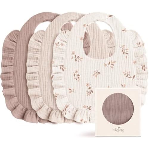 Konssy 3-Pack Muslin Baby Girl Bibs, 100% Cotton with Ruffle Trim