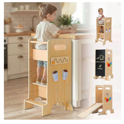 4-in-1 Multifunctional Kitchen Stool Helper with Removable Safety Board, Adjustable Heights, Slide, Highchair, Chalkboard, Montessori Games