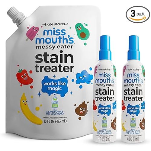 Miss Mouth’s Messy Eater Stain Treater Refill Ready Kit - 2 Pack Stain Remover Spray and 16oz Refill Pouch - Newborn & Baby Essentials - Food, Grease, Coffee Off Laundry, Underwear, Fabric