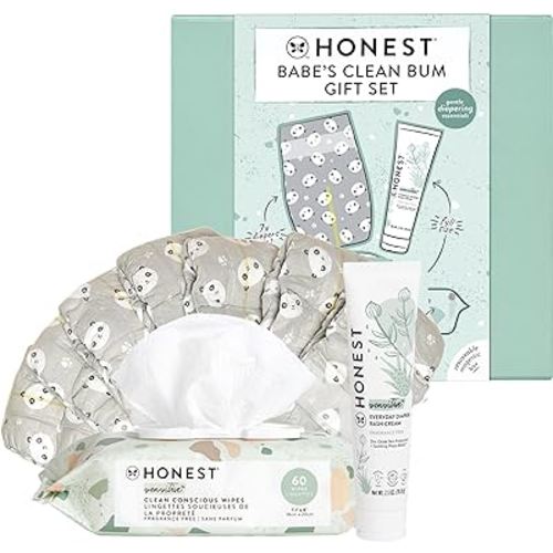 The Honest Company Babe's Clean Bum Gift Set Diapering and Newborn Essentials 99% Water Wipes 60 ct Diaper Rash Cream 2.5 oz Clean Conscious Diapers Size 1 7 ct
