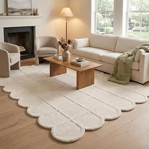 Selena Scallop Wool Area Rug – Hand-Tufted, Scalloped Edge, Modern Plaid Checkered Grid Pattern – Soft Plush Textured Carpet for Living Room, Bedroom, Nursery Home Décor (Ivory, 5' x 8')