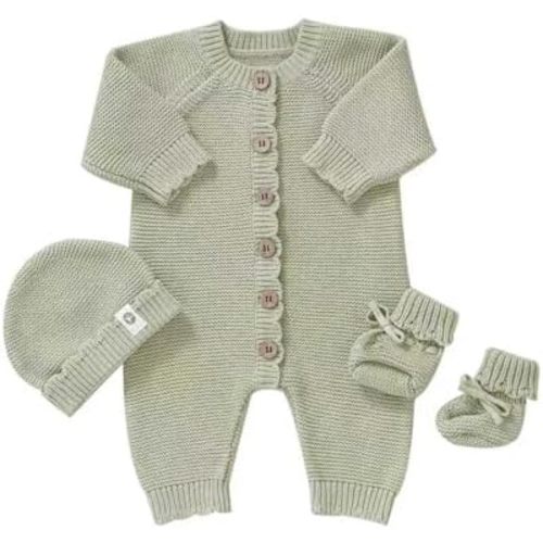 Organic Cotton Baby Sweater Knit Romper Hat Booties 3 Piece Newborn Infant Set LongSleeve Cute Outfit Boy Girls Clothe