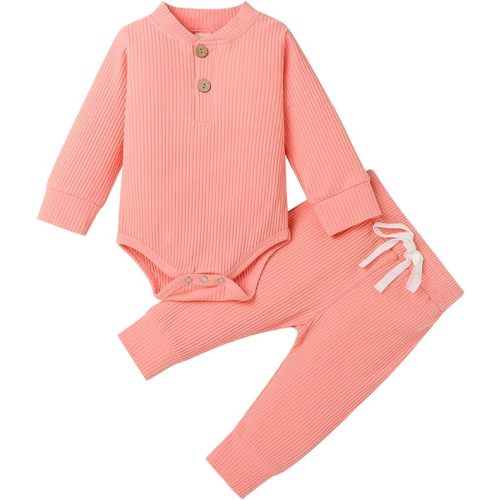 Newborn Baby Boy Girl Clothes Ribbed Knitted Cotton Long Sleeve Romper Long Pants Solid Color Fall Winter Outfits