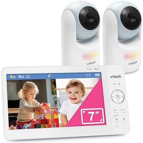 VTech Advanced HQ Max Twin 7" Digital Video 2-Cameras Baby Monitor with Pan Tilt Zoom, Long Battery Life 5000mAh, IPS Screen, Adaptive Multi-Color Night Light, 2-Way Talk, HQ Display, No WiFi, White