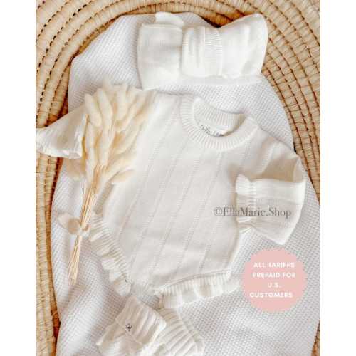 Newborn girl coming home outfit, knit baby girl bodysuit, frill ruffle romper, cotton bodysuit, baby shower gift, baptism christening outfit
