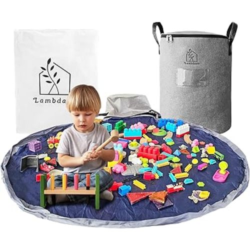 Portable Toy Storage Basket & Play Mat with Pocket Label - 9.3 Gallon Toy Organizer - Leather Handles, 60" Playmat - Toy Bag for Boys & Girls, Playroom, Grey