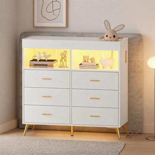 Nursery Dresser with Changing Table Top 6 Drawers Open Shelves Built‑in LED Lights and Power Outlet Baby Storage Furniture