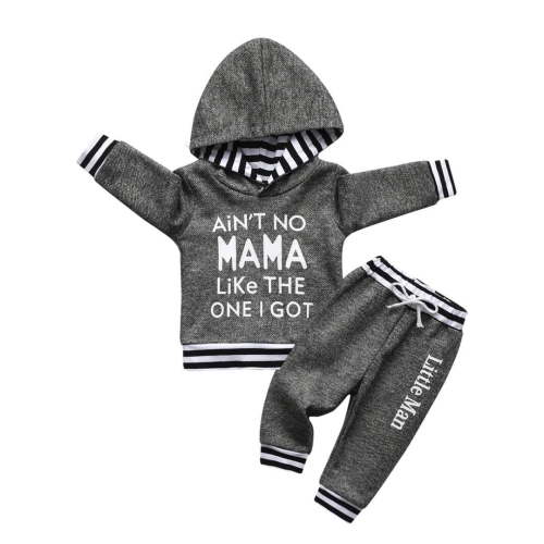 Newborn Infant Baby boy Clothes Long Sleeve Letter Hooded Tops Long Pants Outfits Set Gray 3-6 Months
