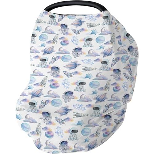 Watercolor Outer Space Car Seat Cover for Babies Cute Astronaut Rocket Planet Moon Stretchy 5-in-1 Cover Adjustable Infant Carseat Canopy Cover Pastel Cosmos Breathable Nursing Cover-Up Blue