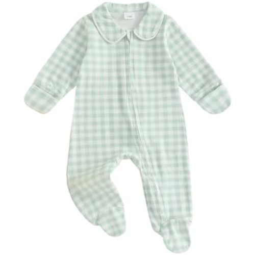 Seyurigaoka Newborn Baby Boy Girl Clothes Gingham Plaid Footed Jumpsuit Lapel Zipper Romper Cute Going Home Outfit