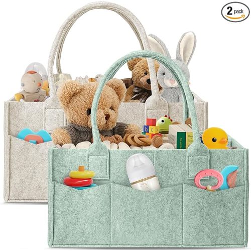 HIPHOP PANDA 2-Pack Diaper Caddy Organizer - Nursery Storage Bin & Car Organizer for Diapers, Wipes, and Baby Essentials - Dual-Color Solid Set (Green/Oatmeal), Large Size