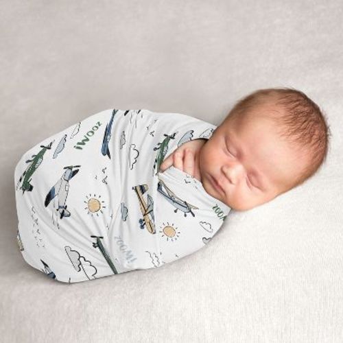 Sweet Jojo Designs Boy Swaddle Baby Blanket Vintage Airplane Green Blue and Yellow