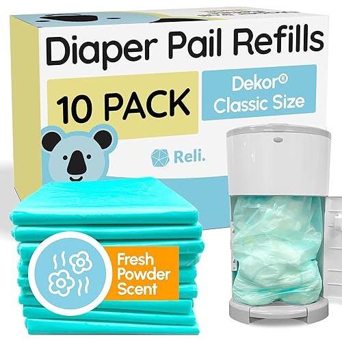 Reli. Diaper Pail Refill Bags, Compatible with Dekor Classic (10 Pack) | Diaper Dekor Refills w/Powder Fresh Scent | Odor Blocking, Strong, Easy Replacement Bags | Holds up to 4950 Diapers