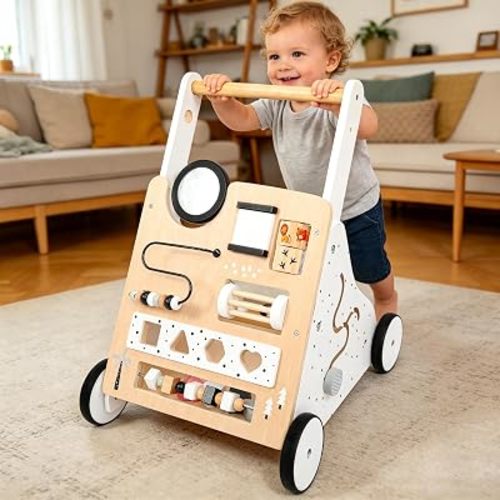 Wooden Baby Walker for Toddlers 1-3, Adjustable Height Montessori Push Toy with 9-in-1 Activity Center, Baby Push Walker with Wheels for Learning to Walk, Gift for 12 Month Old Girls Boys