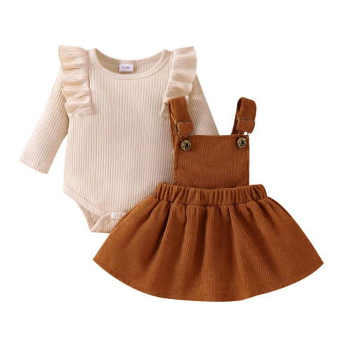 Hotiary Newborn Baby Girl Outfits Infant Ruffle Long Sleeve Ribbed Romper Corduroy Suspender Skirt Overall Dress Toddler Fall Winter Clothes Apricot
