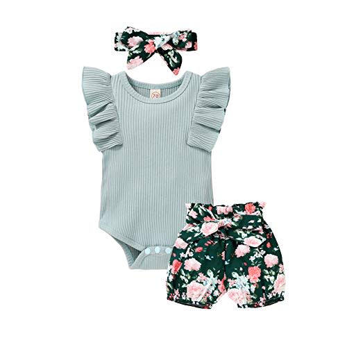 Tiny Cutey Baby Girl Clothes Infant Summer Outfits Set Ruffle Sleeve Romper and Floral Shorts with Headband