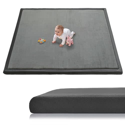 Baby Play Mat for Floor, 1.3 Inch Thick Memory Foam Tummy Time Mat with Non Slip Backing, Soft Coral Velvet 50×50 Inch Playpen Mat Crawling Tatami for Infants Toddlers Kids, Dark Gray