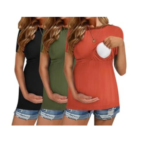 Ekouaer Womens Nursing Tops 3 Pack Short Sleeve Ribbed Breastfeeding Shirts Double Layer Maternity Shirt Pregnancy Clothes