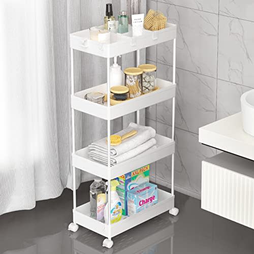 4 Tier Rolling Cart with Wheels, Storage Craft Art Trolley Organizer Serving, 3 Hanging Baskets Easy Assembly, for Office, Living Room, Kitchen