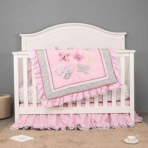Butterfly Crib Bedding Set for Girls Baby Girl Pink Butterfly Cot Bedding Set