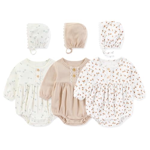 MAMIMAKA Newborn Baby Girl Clothes Cotton Bubble Rompers Infant Outfit Floral Long Sleeve Bodysuit, 3 Pack