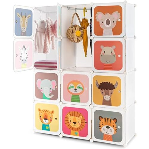 Costzon Kids Closet, Cartoon DIY Modular Dresser Storage Organizer with 12 Cubes & 2 Clothes Hanging Rack, Portable Armoire for Baby Toddlers, Kids Wardrobe for Bedroom Nursery (White)