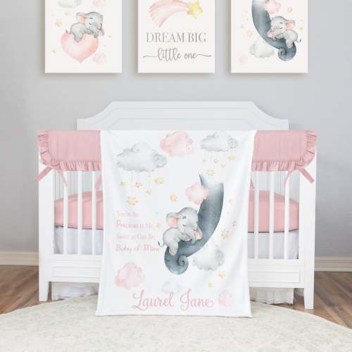 Sleeping Elephant Blanket, Pink Clouds and Stars Elephant Name Blanket Personalized Baby Girl Blanket, Baby Mine Blanket Dumbo Inspired B318