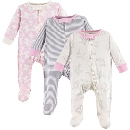 Touched by Nature Baby Girls Organic Cotton Zipper Sleep and Play 3pk, Bird, 3-6 Months