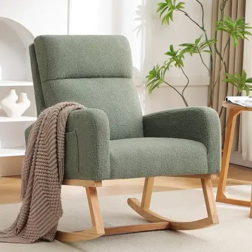 HCHAIRH Rocking Chair Nursery, Sherpa Nursing Rocking Chairs, Upholstered Nursery Glider Rocker for Mom Nursery Morden Accent Rocking Chair with Side Pocket for Living Room,Bedroom,Teddy Green