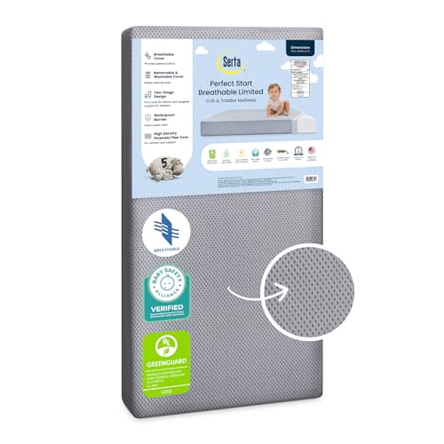 Serta Perfect Start Breathable Limited Two -Stage Crib Mattress and Toddler Mattress - Breathable Cover and Fiber Core, Machine Washable Cover, Waterproof, 7 Year Warranty, Made in USA