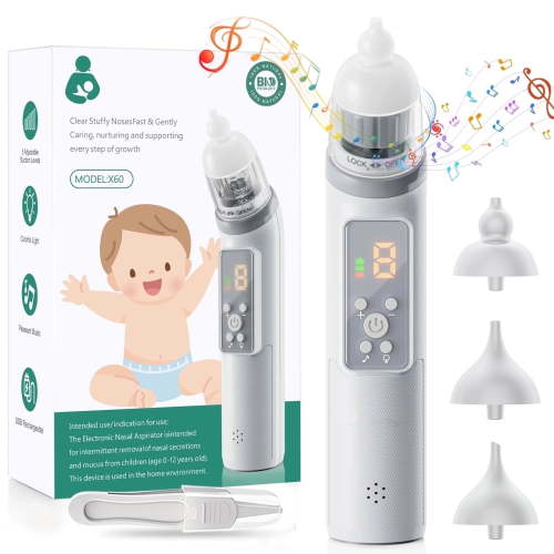 Skdwakiz Nasal Aspirator for Baby, Electric Baby Nose Sucker, Automatic Toddlers Nose Cleaner with 5 Suctions Power, 3 Silicone Tips, 3 Music Modes & Light Soothing Function