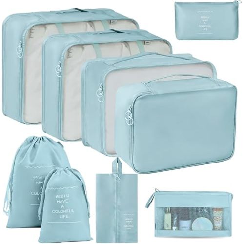 9 Set Packing Cubes for Suitcases, Travel Luggage Organizers, with Clothes Storage Bags, Toiletry Bag, Shoe Bag, Underwear Bag, Laundry Bag, Sock Bag, Accessories Bag (Lake Blue)