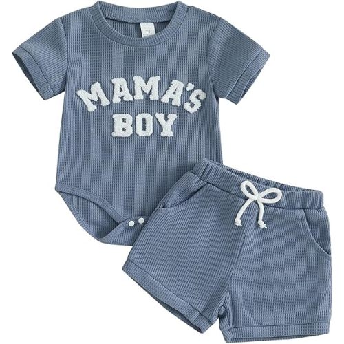 MERSARIPHY Newborn Baby Boy Summer Clothes Mama's Boy Little Dude Short Sleeve Romper Shorts Set Infant Waffle Knit Outfit