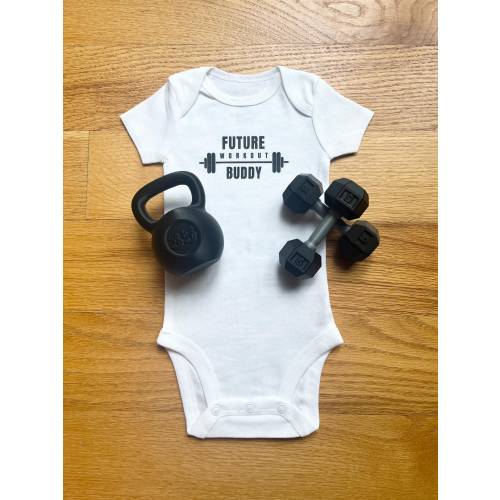 Set of &quot;Future Workout Buddy&quot; Infant Body Suit, Two Baby Rattle Dumbbells and a Rattle Kettlebell - Great Baby Shower Gift for New Parents!