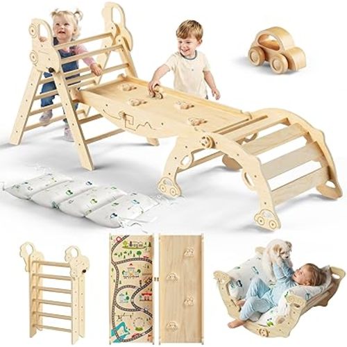 Pikler Triangle Climbing Set with Cushion, Foldable Climbing Toys Indoor, Montessori Toddler Gym, 10-in-1 Climber & Playground, Gift for Christmas, Birthday, New Year (Woodland Cabin)